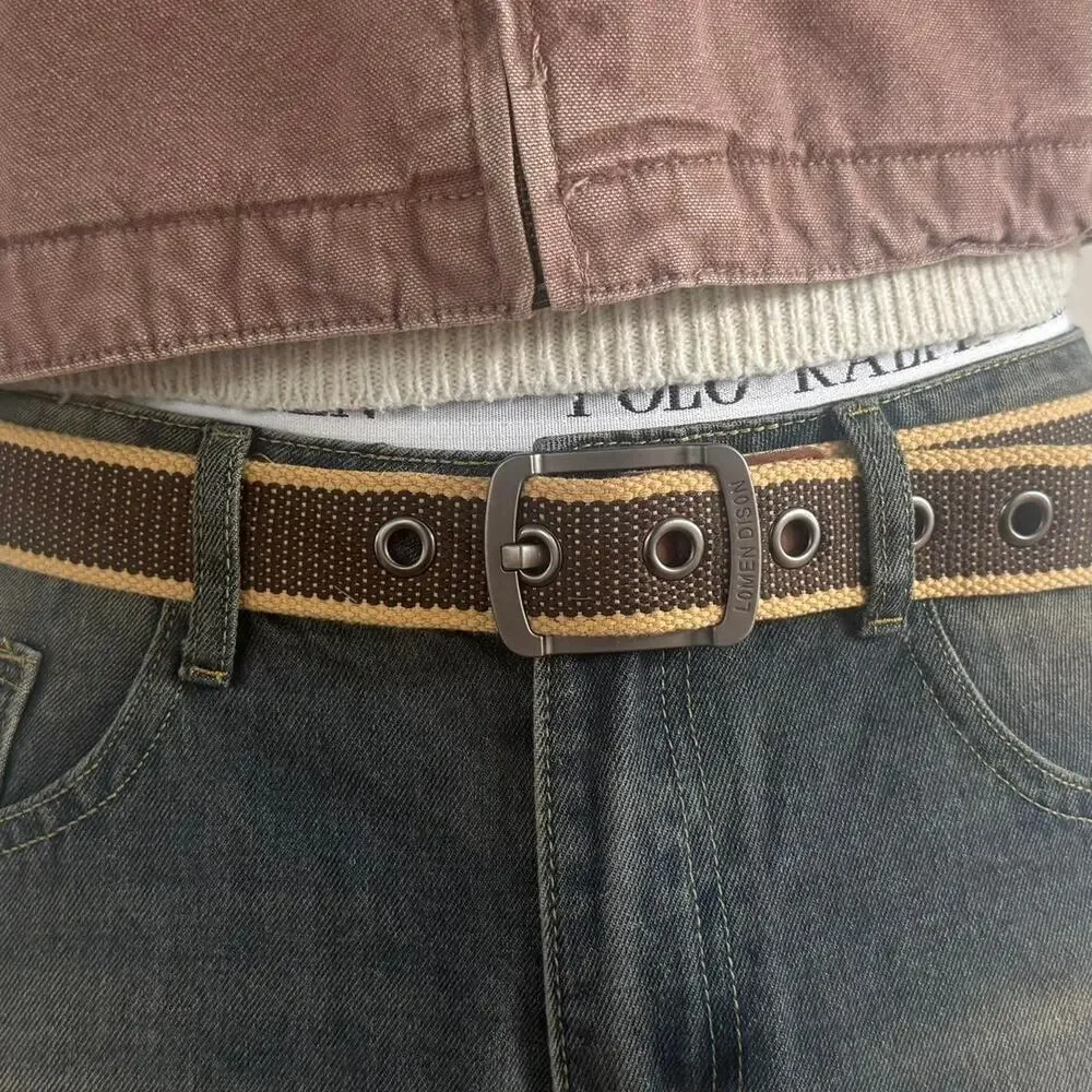 Vintage Brown Tan Canvas Belt Adjustable Fits 26-36 Unisex Streetwear Style